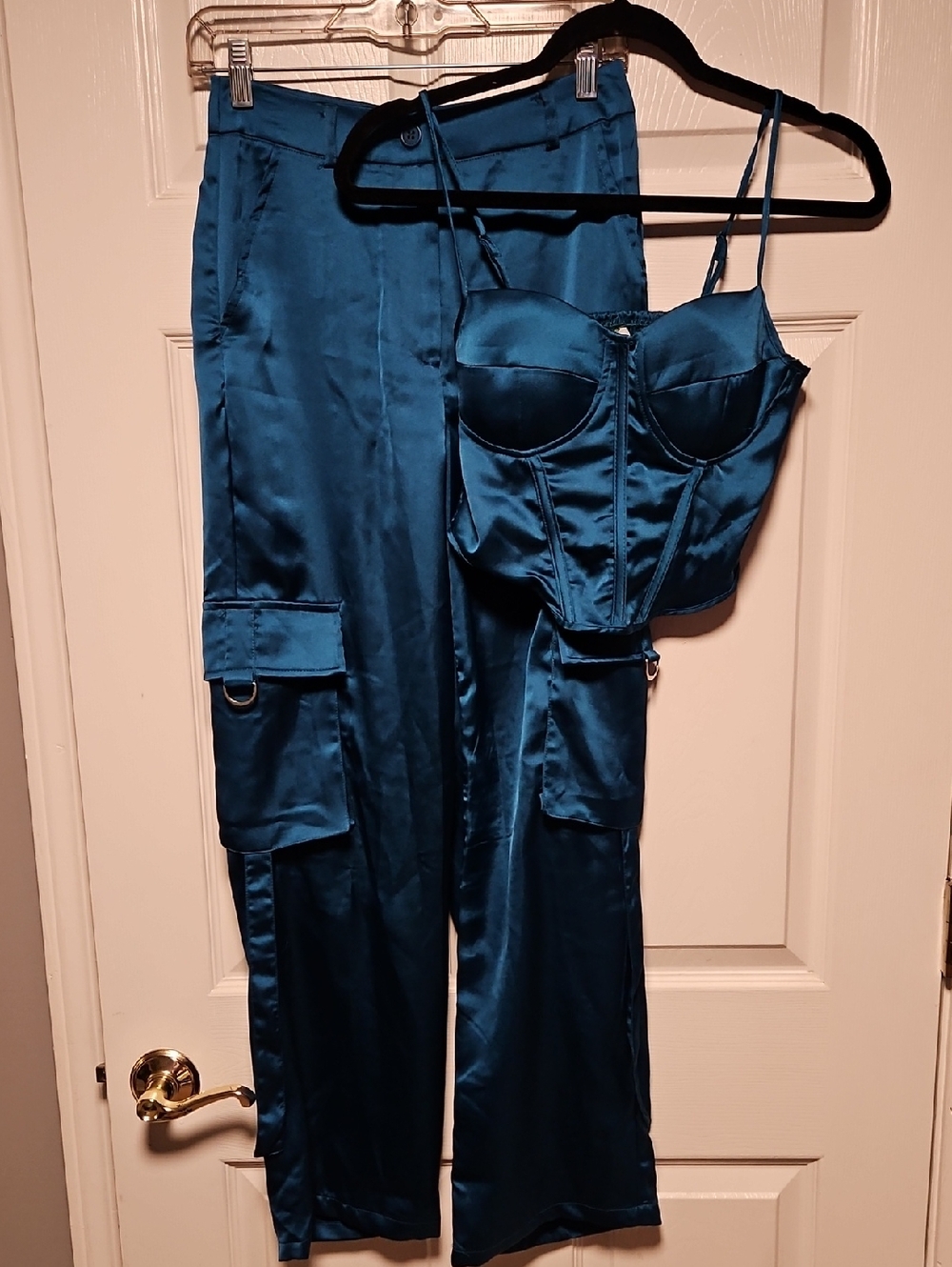Sincerely Jules Satin Teal Cargo Pants & Bustier Set
